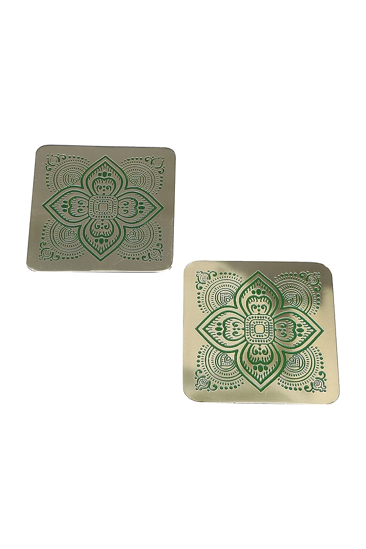 Gold & Green Dohar Brass Square Coasters (Set of 2) by Nakshikathaa at Pernia's Pop Up Shop