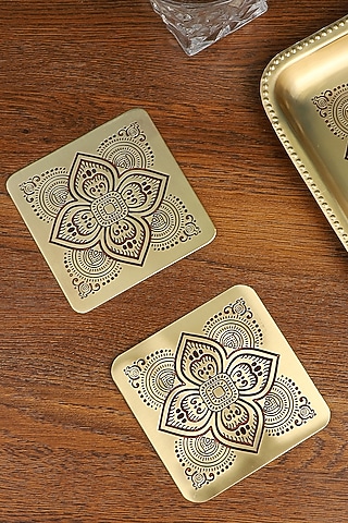 Gold & Maroon Dohar Brass Square Coasters (Set of 2) by Nakshikathaa