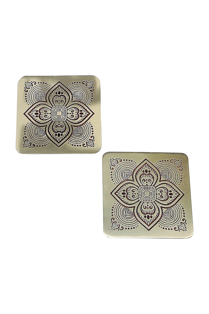 Gold & Maroon Dohar Brass Square Coasters (Set of 2) by Nakshikathaa at Pernia's Pop Up Shop