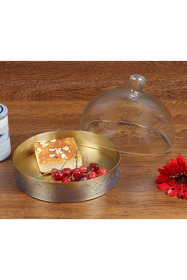 Gold & Blue Dohar Brass Cookie Small Tray With Glass Cloche by Nakshikathaa