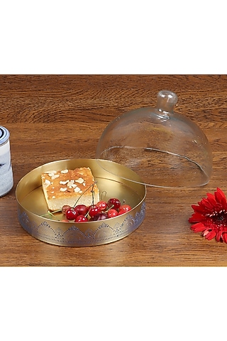 Gold & Blue Dohar Brass Cookie Small Tray With Glass Cloche by Nakshikathaa
