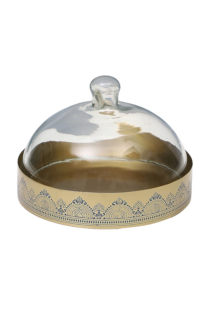 Gold & Blue Dohar Brass Cookie Small Tray With Glass Cloche by Nakshikathaa at Pernia's Pop Up Shop