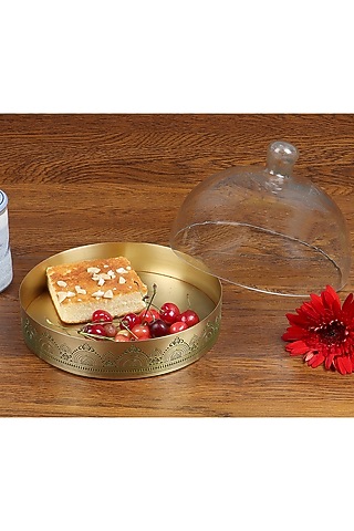 Gold & Green Dohar Brass Cookie Tray With Glass Cloche by Nakshikathaa