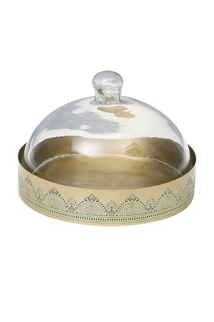 Gold & Green Dohar Brass Cookie Tray With Glass Cloche by Nakshikathaa at Pernia's Pop Up Shop