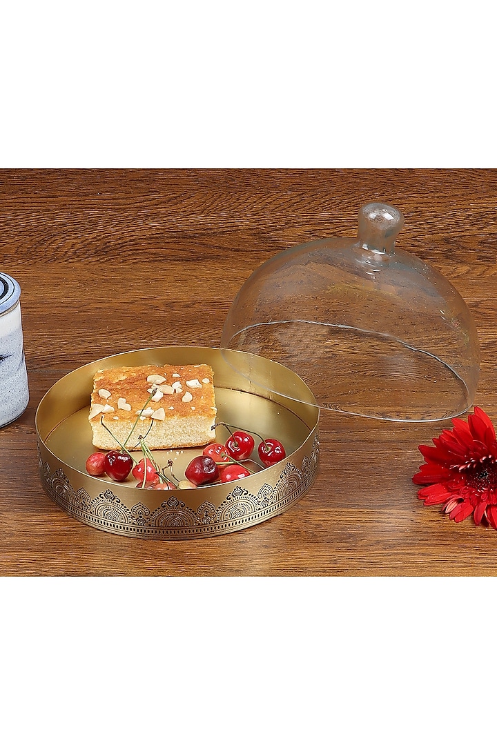 Gold & Maroon Dohar Brass Cookie Tray With Glass Cloche by Nakshikathaa