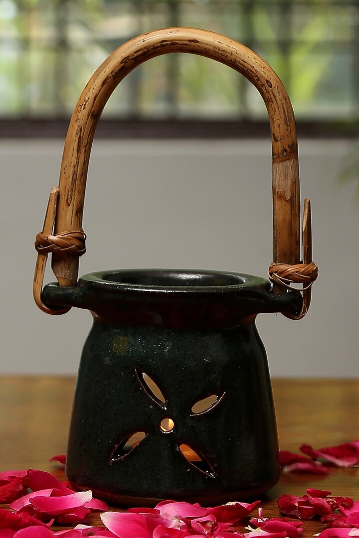 Green Hand Crafted Diffuser With Cane Handle by Nakshikathaa at Pernia's Pop Up Shop