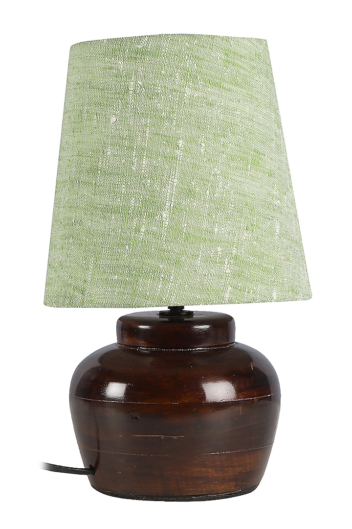 Brown Bed Side Lamp With Lime Green Khadi Shade by Nakshikathaa