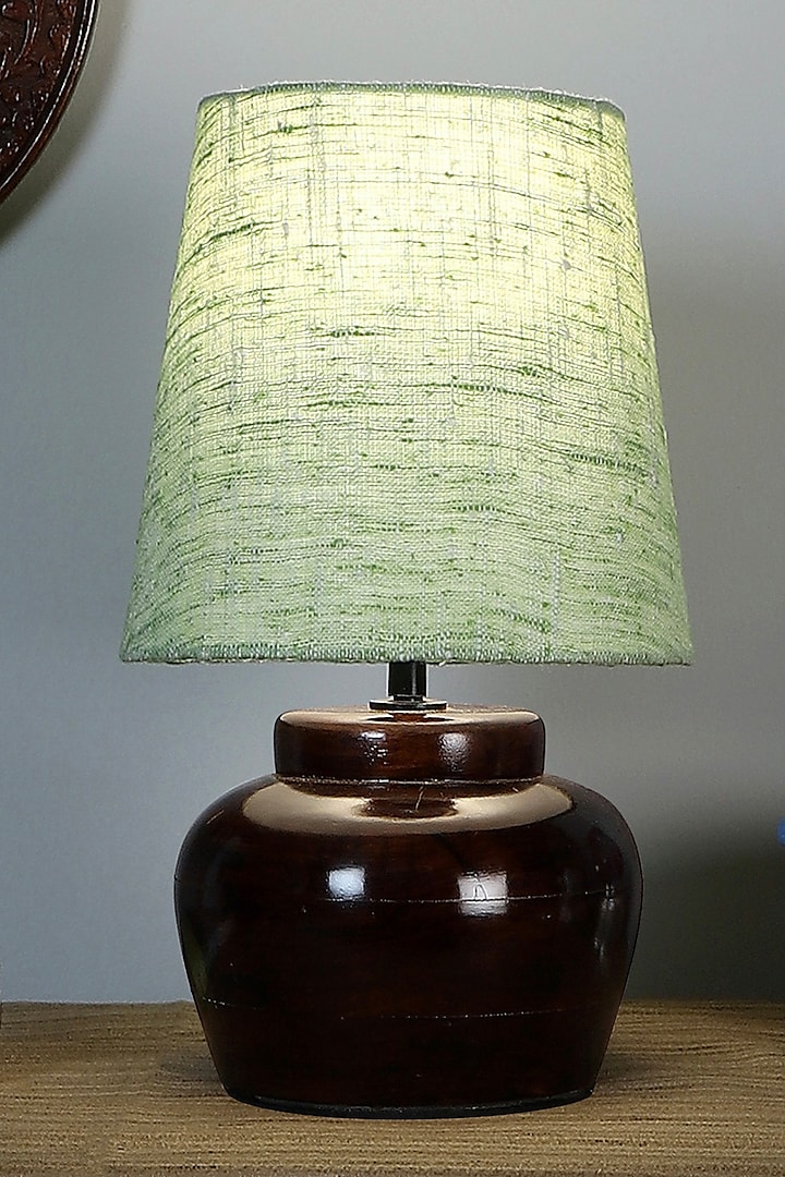 Brown Bed Side Lamp With Lime Green Khadi Shade by Nakshikathaa at Pernia's Pop Up Shop