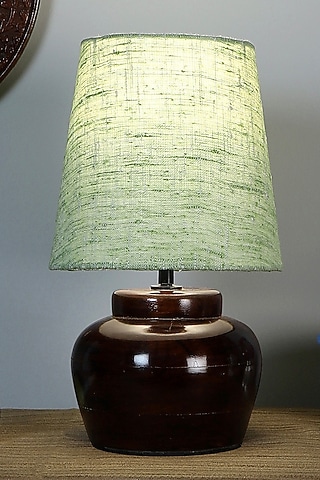 Brown Bed Side Lamp With Lime Green Khadi Shade by Nakshikathaa