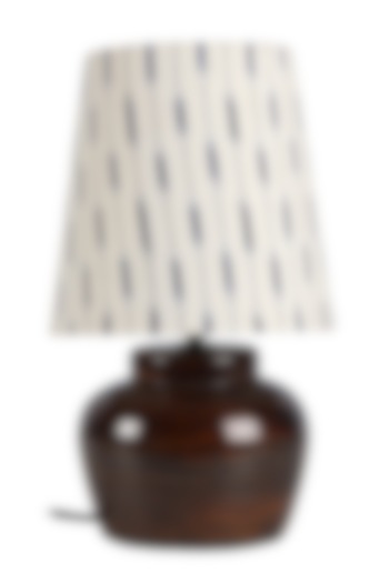 Brown Bed Side Lamp With White & Blue Ikkat Printed Shade by Nakshikathaa