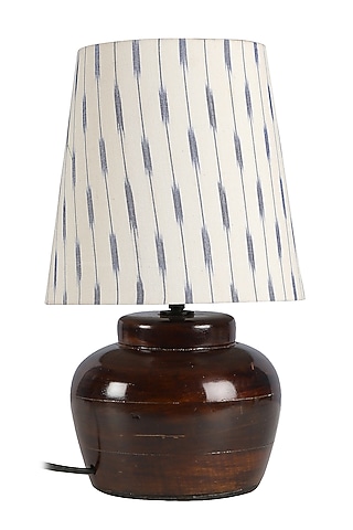 Brown Bed Side Lamp With White & Blue Ikkat Printed Shade by Nakshikathaa