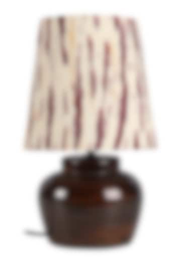 Brown Bed Side Lamp With Burgundy Tie & Dye Printed Shade by Nakshikathaa
