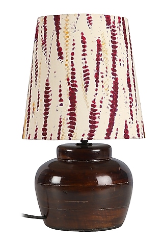 Brown Bed Side Lamp With Burgundy Tie & Dye Printed Shade by Nakshikathaa