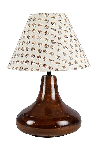 Dark brown Table Lamp With Yellow Printed Shade by Nakshikathaa
