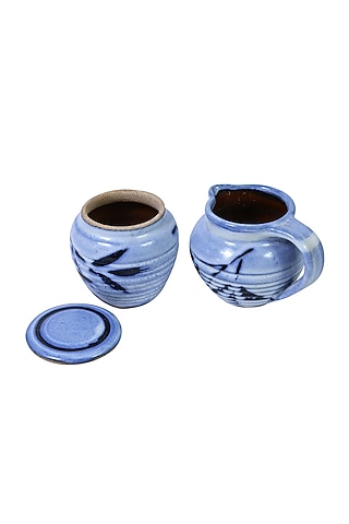 Light Blue Hand Crafted Sugar Pot & Milk Jug (Set of 2) by Nakshikathaa