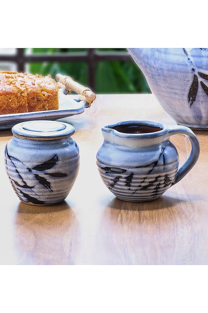Light Blue Hand Crafted Sugar Pot & Milk Jug (Set of 2) by Nakshikathaa at Pernia's Pop Up Shop
