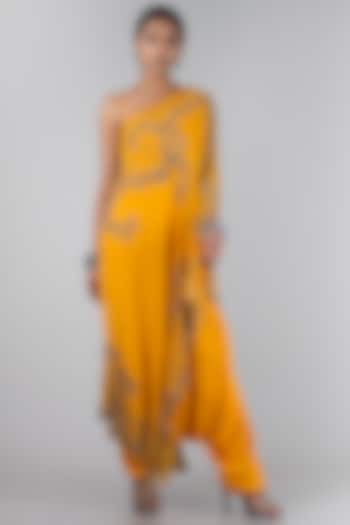 Mustard One Shoulder Jumpsuit With Cape by Nupur Kanoi
