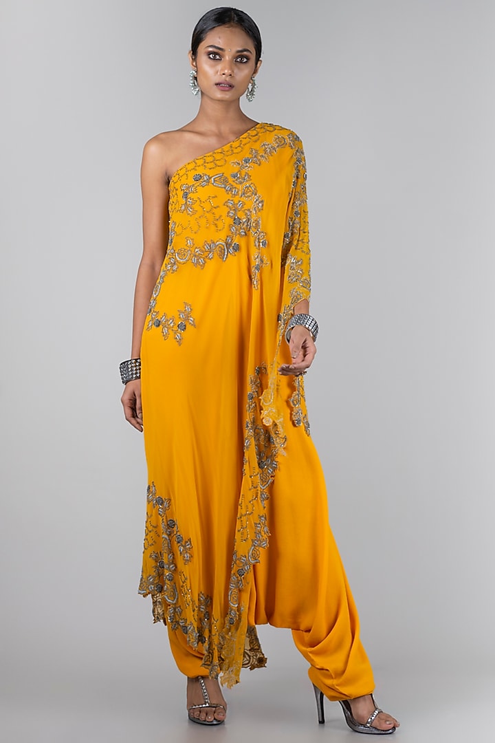 Mustard One Shoulder Jumpsuit With Cape by Nupur Kanoi