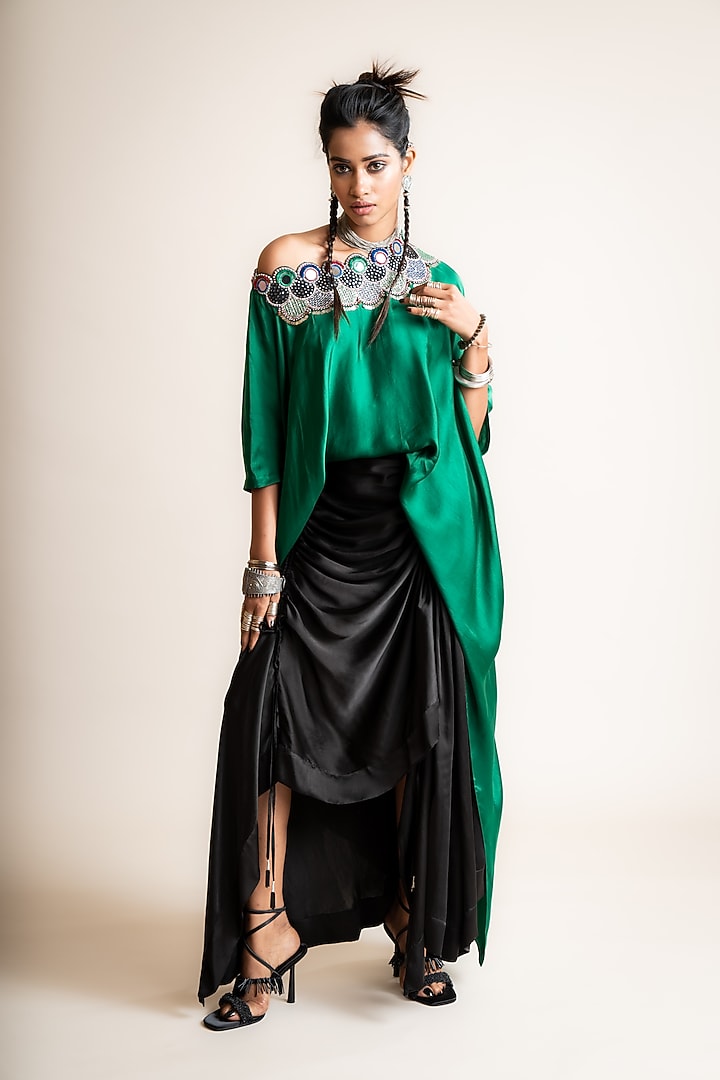 Black Satin Skirt Set by Nupur Kanoi at Pernia's Pop Up Shop
