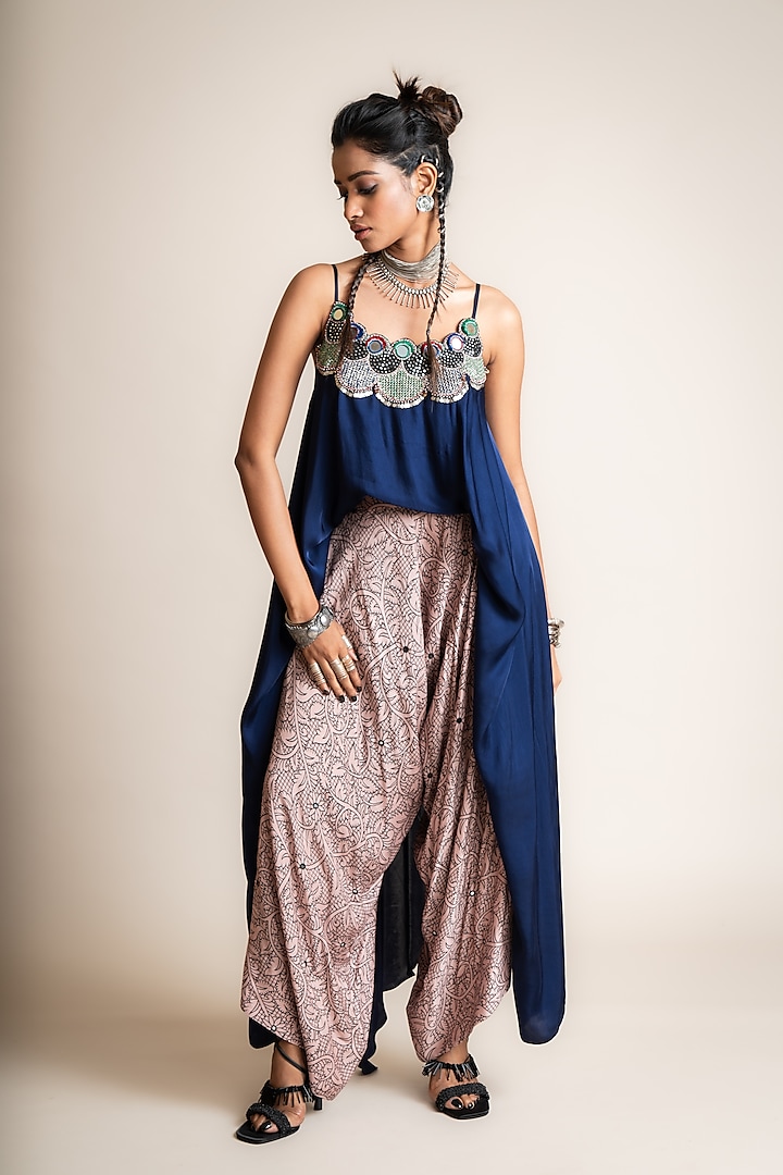 Dusty Rose Crepe Printed Draped Pant Set by Nupur Kanoi at Pernia's Pop Up Shop