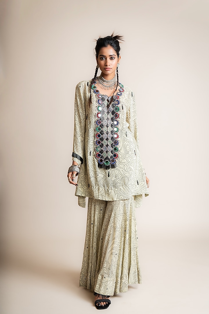 Beige Crepe Printed Gharara Set by Nupur Kanoi at Pernia's Pop Up Shop