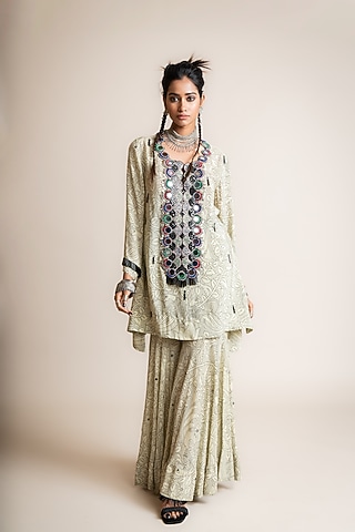 Beige Crepe Printed Gharara Set by Nupur Kanoi
