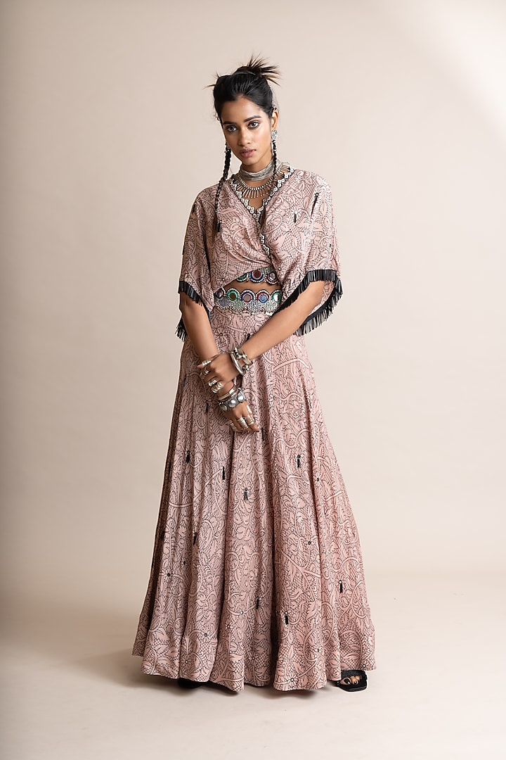 Dusty Rose Crepe Printed Lehenga Set by Nupur Kanoi