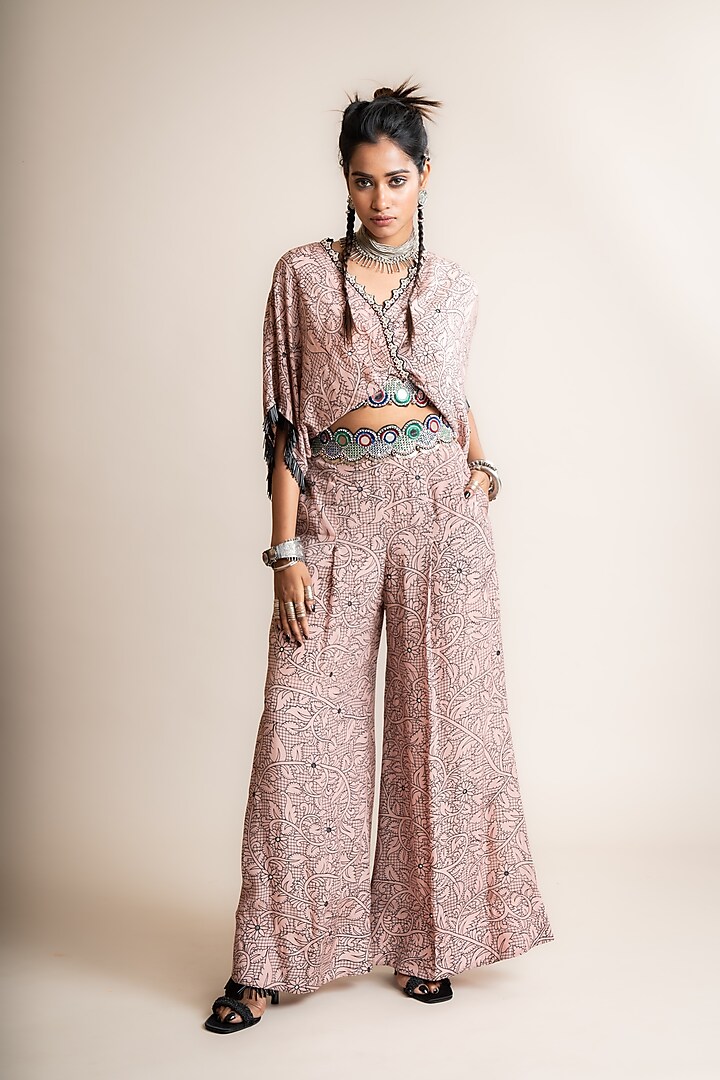 Dusty Rose Crepe Printed Pant Set by Nupur Kanoi