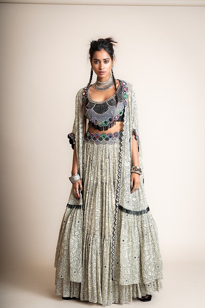 Beige Georgette & Crepe Printed Jacket Lehenga Set by Nupur Kanoi