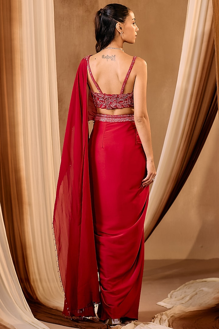 Red Silk Satin Pre-Draped Wedding Saree Set by NIAMH by Kriti at Pernia's Pop Up Shop