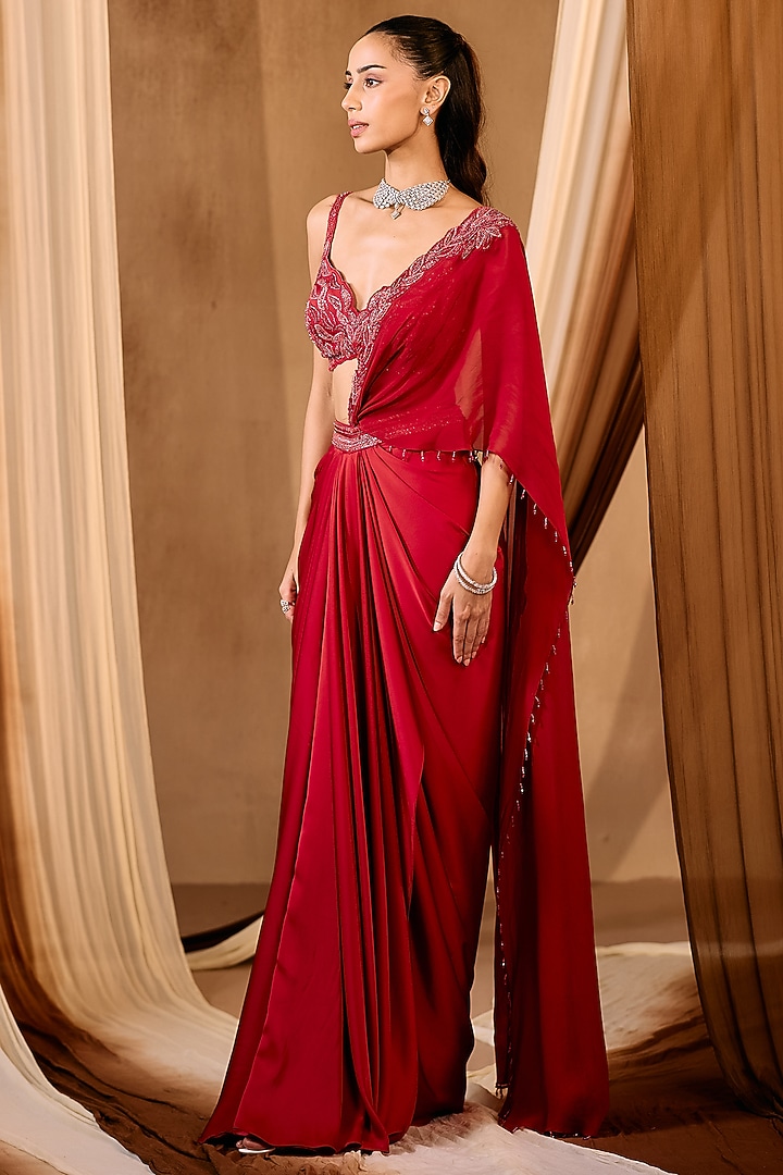 Red Silk Satin Pre-Draped Wedding Saree Set by NIAMH by Kriti at Pernia's Pop Up Shop
