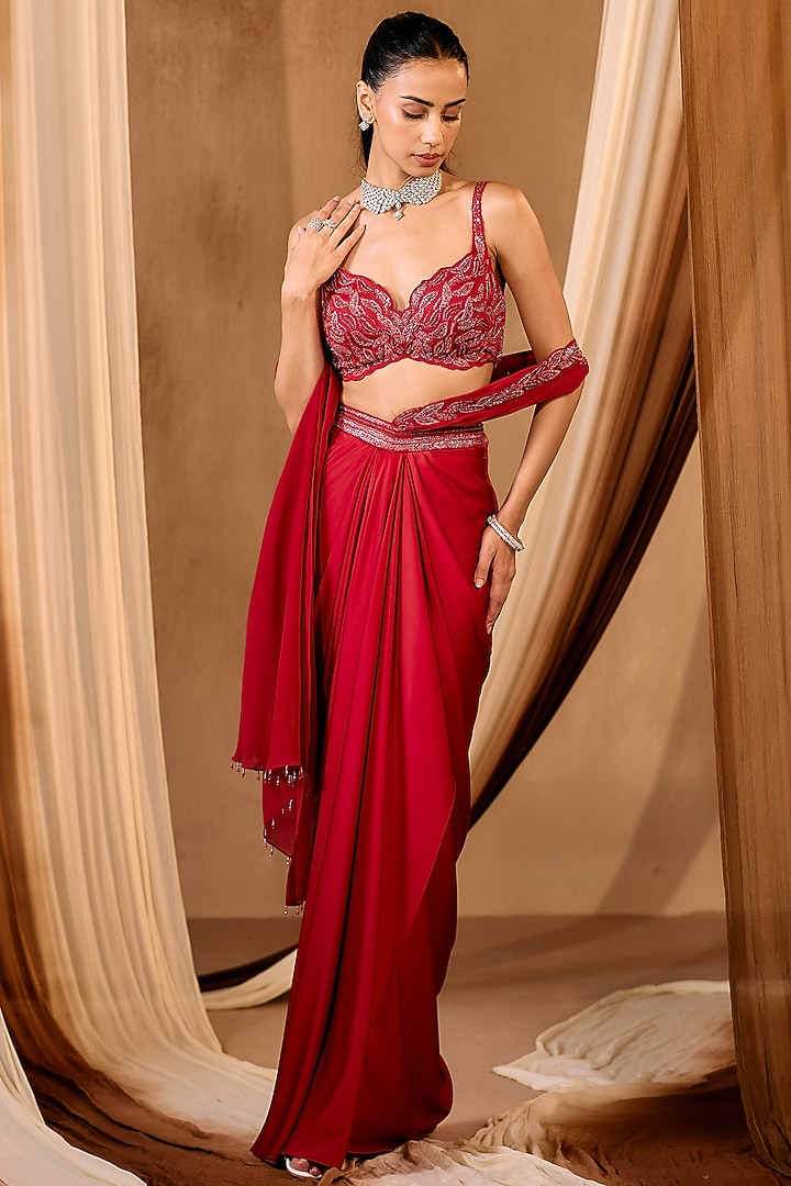 Red Silk Satin Pre-Draped Wedding Saree Set by NIAMH by Kriti at Pernia's Pop Up Shop