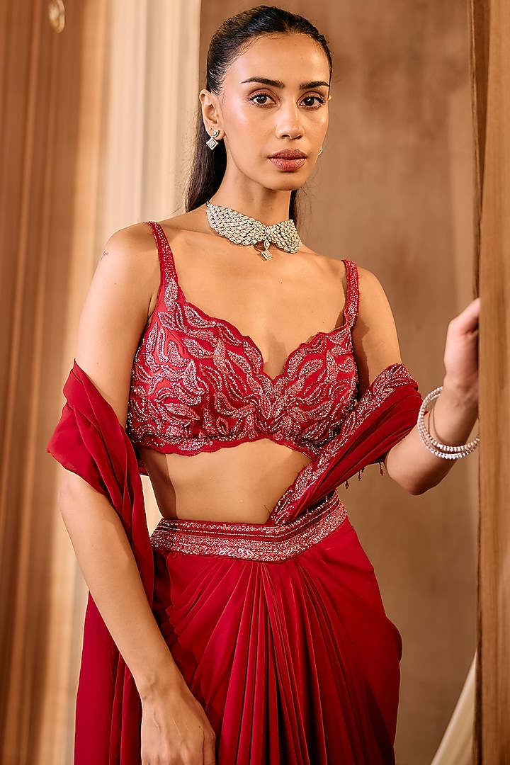 Red Silk Satin Pre-Draped Wedding Saree Set by NIAMH by Kriti at Pernia's Pop Up Shop