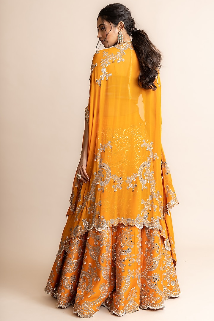 Orange Crepe Hand Embroidered Jacket Bridal Lehenga Set by Nupur Kanoi at Pernia's Pop Up Shop