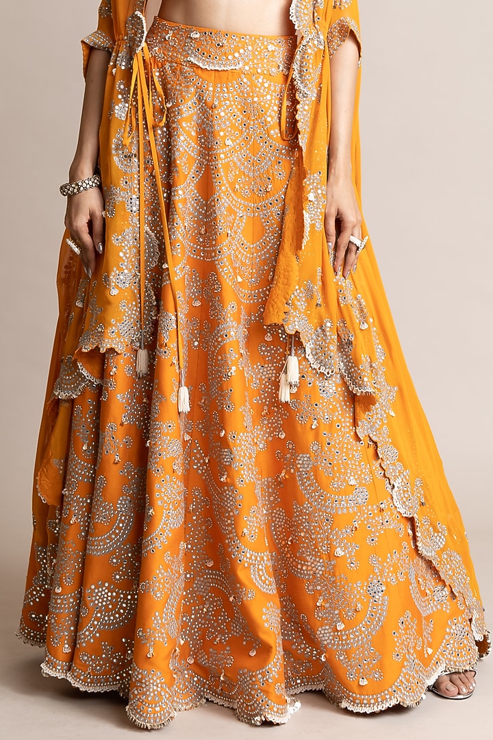 Orange Crepe Hand Embroidered Jacket Bridal Lehenga Set by Nupur Kanoi at Pernia's Pop Up Shop
