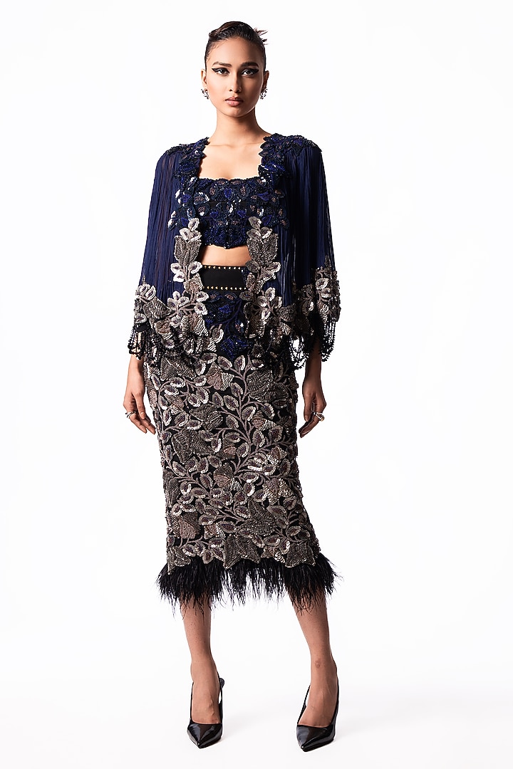 Black & Silver Crepe Embroidered Pencil Skirt Set by Nupur Kanoi at Pernia's Pop Up Shop