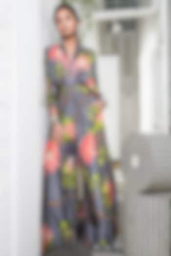 Grey Pleated Jumpsuit With Floral Print by Nupur Kanoi