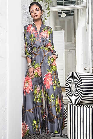 Grey Pleated Jumpsuit With Floral Print by Nupur Kanoi
