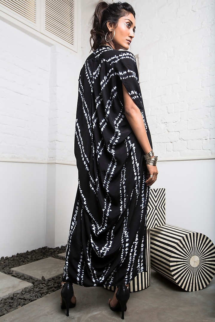 Black Crepe Sack Vacation Dress With Cowl Jacket by Nupur Kanoi at Pernia's Pop Up Shop