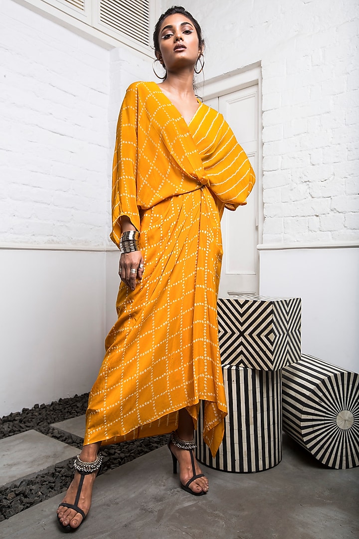 Yellow Wrap Dress With Tie-Up by Nupur Kanoi