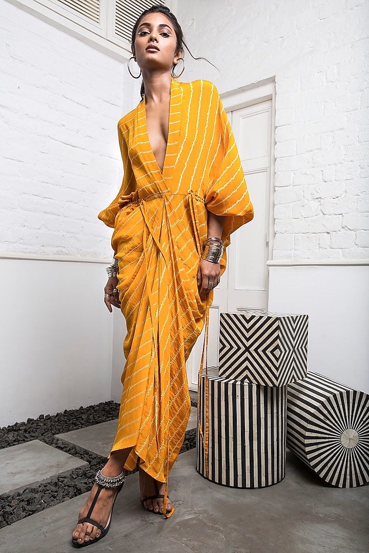 Yellow Striped Dress With Drawstring by Nupur Kanoi