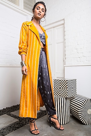 Yellow Striped Jacket With Grey Blouse & Pants by Nupur Kanoi