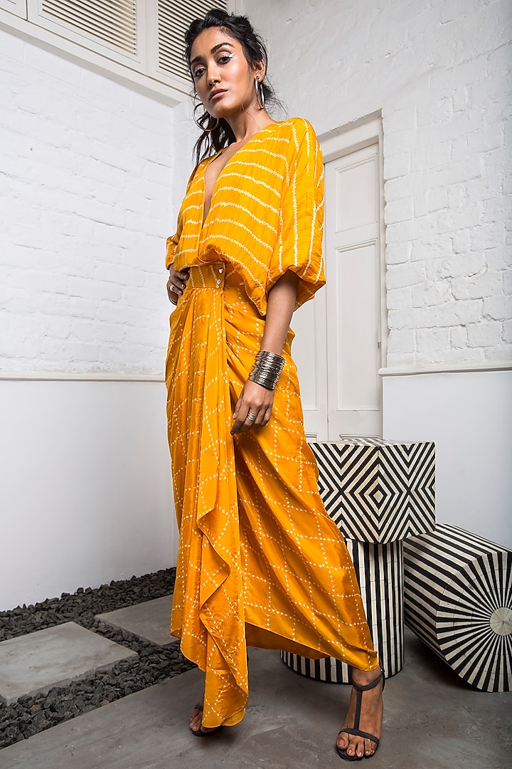 Mustard Bandhani Kimono Wrap Dress by Nupur Kanoi