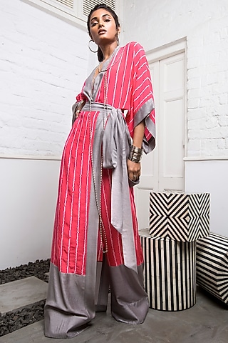 Coral & Grey Bandhani Wrap Jumpsuit by Nupur Kanoi