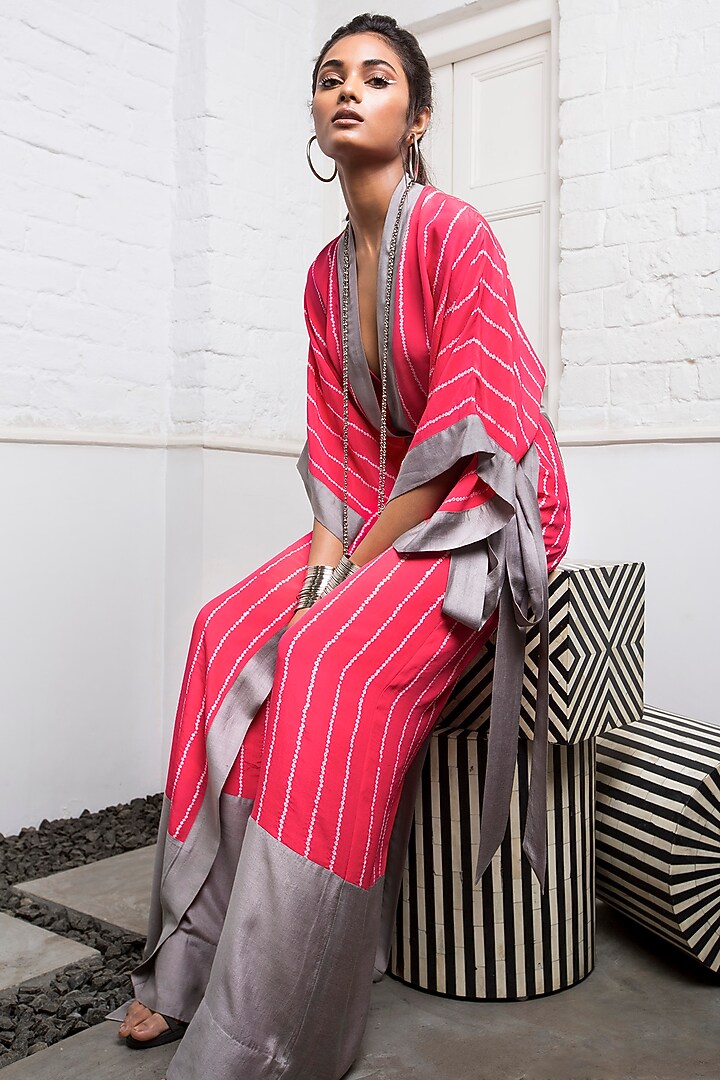 Coral & Grey Bandhani Wrap Jumpsuit by Nupur Kanoi at Pernia's Pop Up Shop