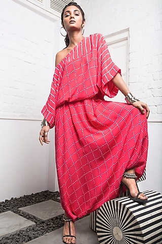 Coral Bandhani Romper With Tie-Up by Nupur Kanoi