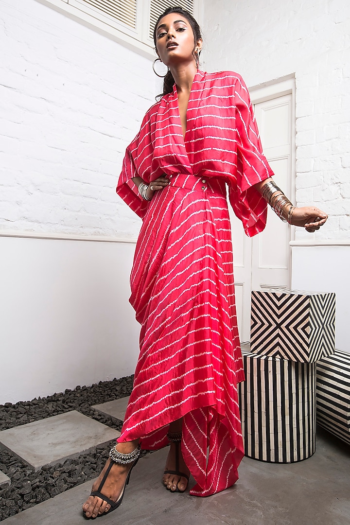 Coral Kimono Wrap Dress With Stripes by Nupur Kanoi