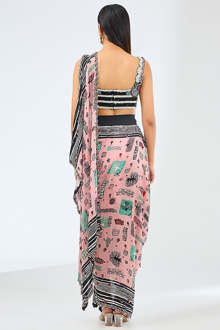 Old-Rose Crepe Digital Printed & Hand Embroidered Draped Cowl Reception Saree Set by Nupur Kanoi at Pernia's Pop Up Shop