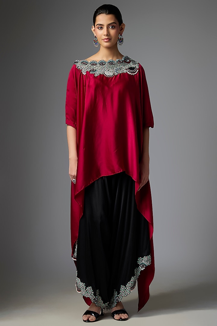 Black Satin Hand Embroidered Draped Pant Set by Nupur Kanoi at Pernia's Pop Up Shop