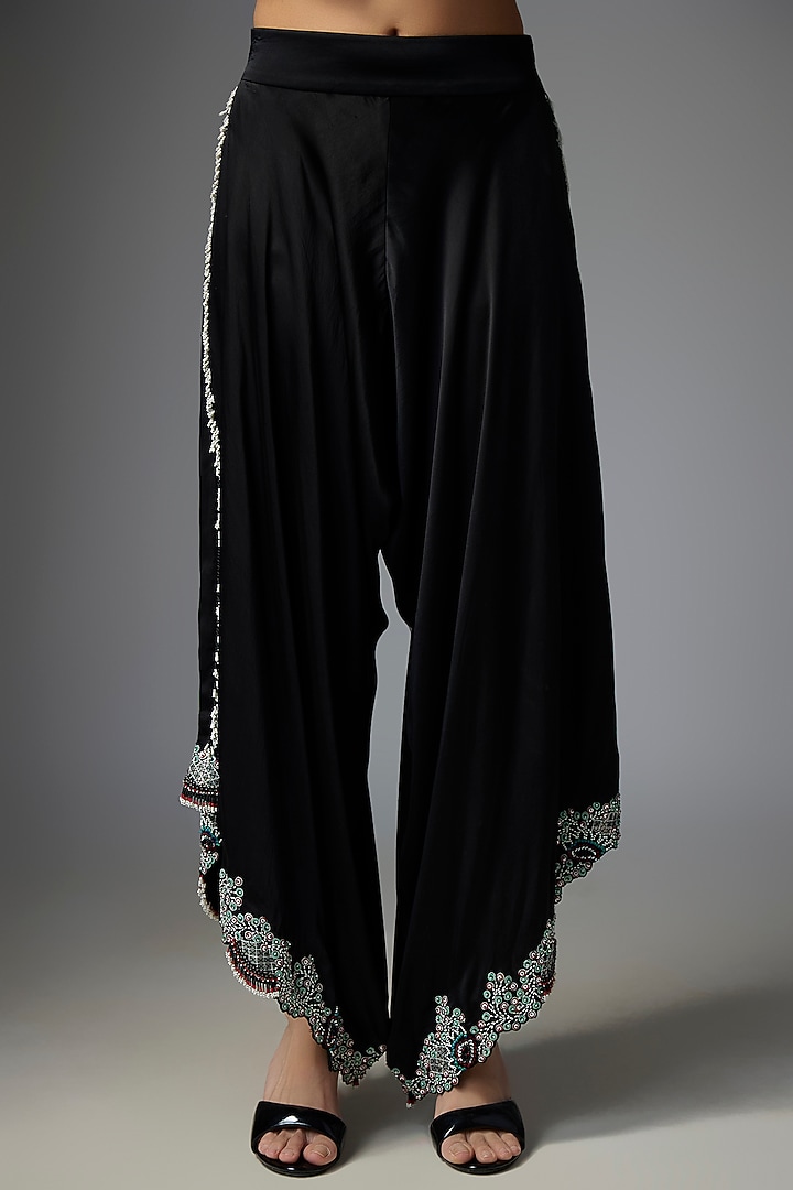 Black Satin Hand Embroidered Draped Pant Set by Nupur Kanoi at Pernia's Pop Up Shop
